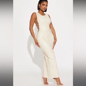 Cream faux leather Maxi dress, high neck, side lace up, back slit